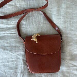 Vintage Brown Leather Bag with Gold Panther Embellishment